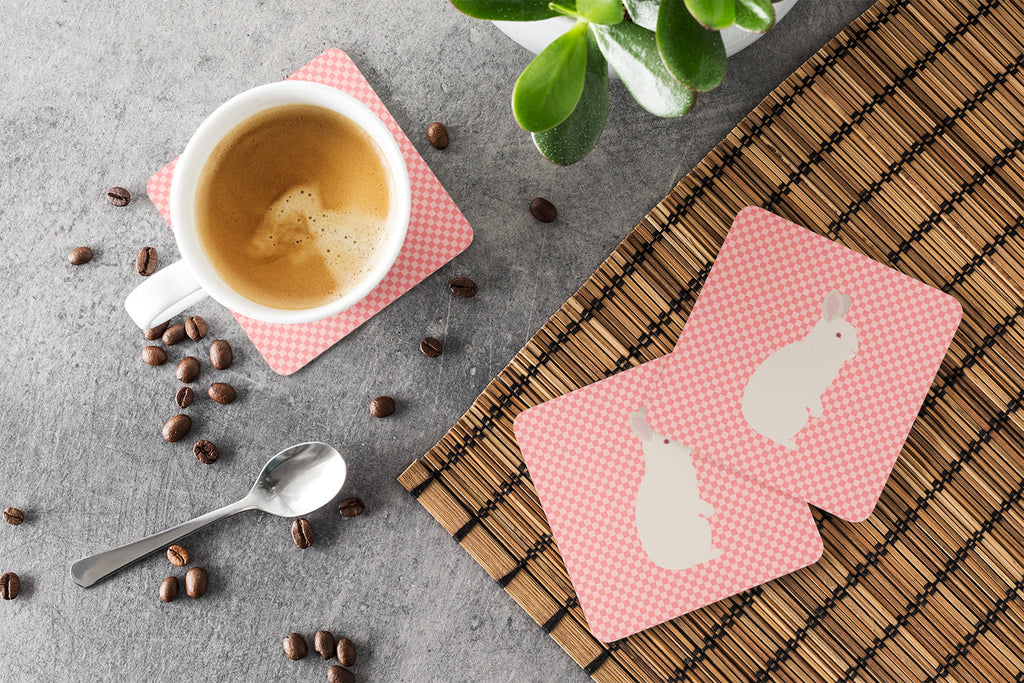 New Zealand White Rabbit Pink Check Foam Coasters Set of 4 Cup Coasters for Indoor Outdoor, Tabletop Protection, Anti Slip, Mouse pad Material