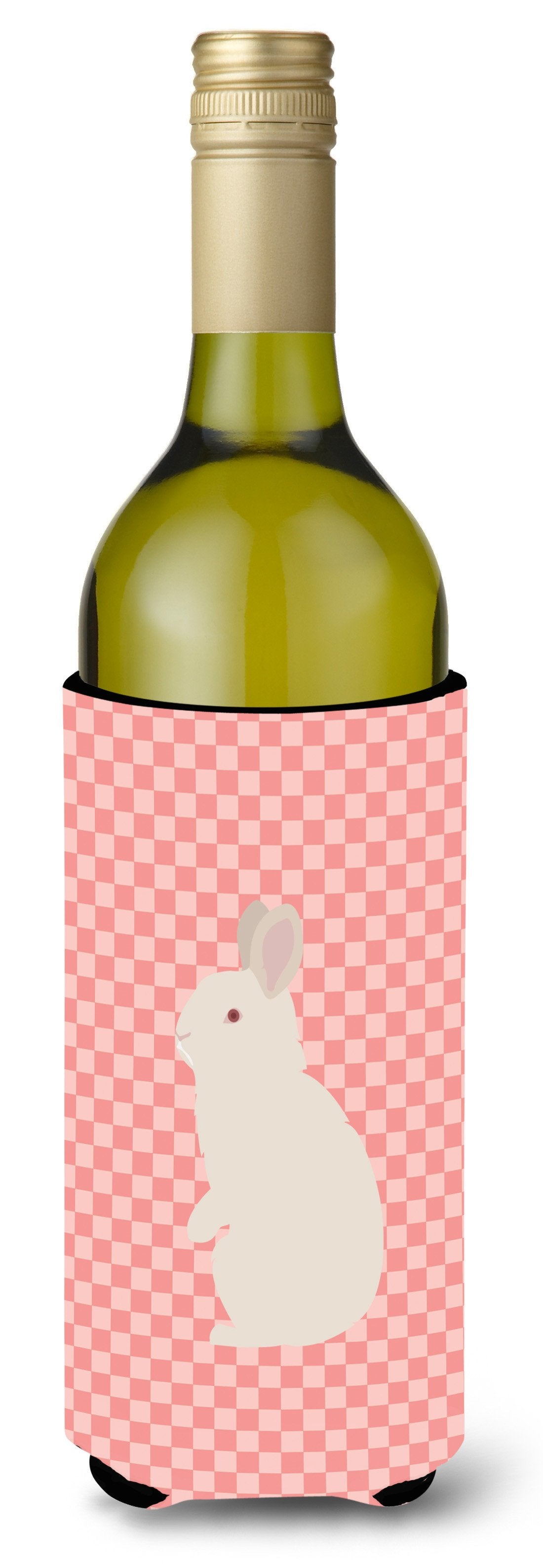 New Zealand White Rabbit Pink Check Wine Bottle Hugger Gift Sleeve for Standard 750 ml Bottles, Insulated Reusable Also Fits Mini Shot & Pint Bottles