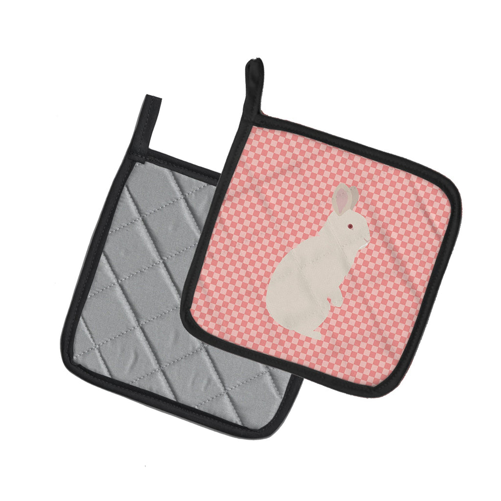 New Zealand White Rabbit Pink Check Pot Holder Set of 2 Heat Resistant Quilted Hot Pads 7.5 x 7.5 Inch, Insulated Kitchen Trivets for Cooking & Baking