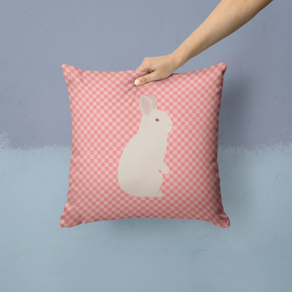New Zealand White Rabbit Pink Check Decorative Throw Pillow 14x14 Indoor Outdoor Accent Cushion, Fabric Cover with Insert for Sofa, Bed, Porch & Living Room