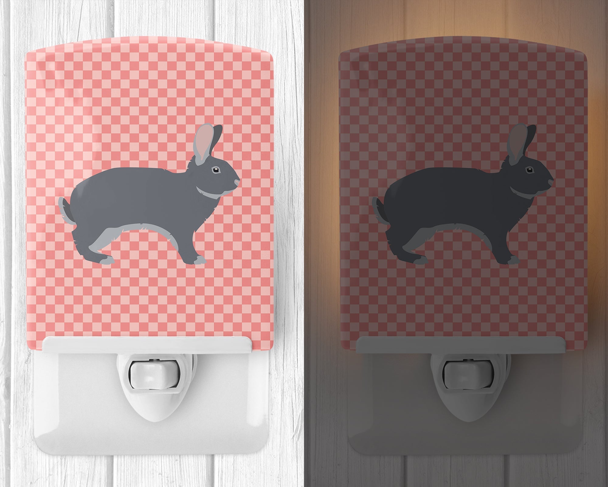 Giant Chinchilla Rabbit Pink Check Ceramic Night Light Compact, UL-Certified, Ideal for Bedroom, Bathroom, Nursery, Hallway, Kitchen, 6x4x3, Multicolor