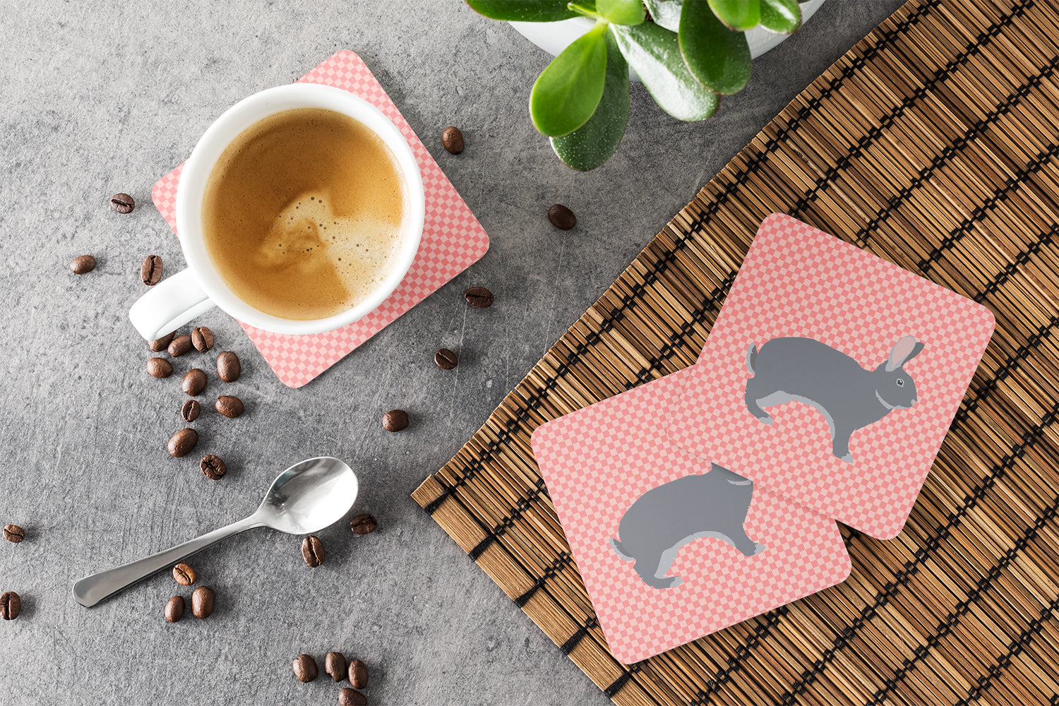 Giant Chinchilla Rabbit Pink Check Foam Coasters Set of 4 Cup Coasters for Indoor Outdoor, Tabletop Protection, Anti Slip, Mouse pad Material