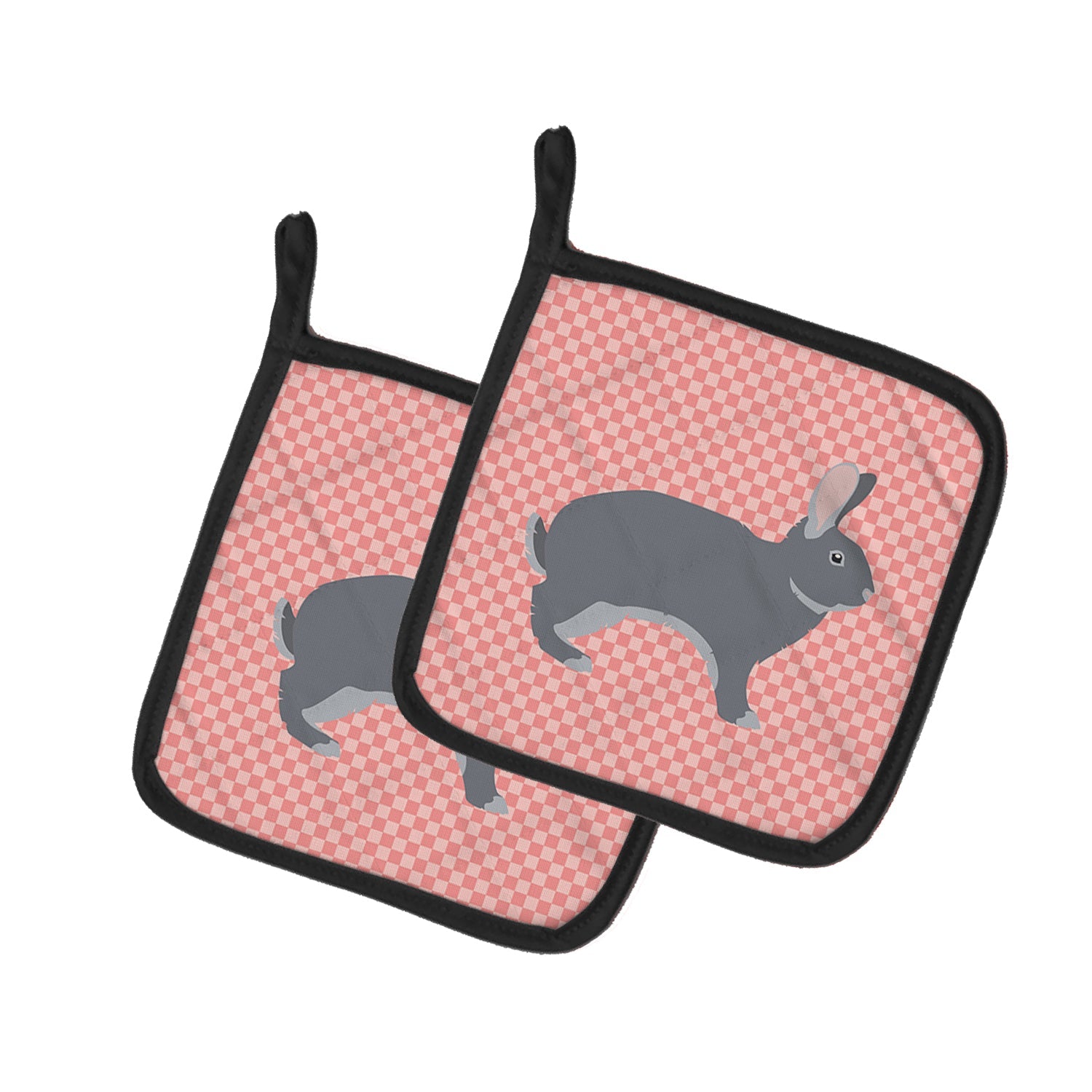 Giant Chinchilla Rabbit Pink Check Pot Holder Set of 2 Heat Resistant Quilted Hot Pads 7.5 x 7.5 Inch, Insulated Kitchen Trivets for Cooking & Baking