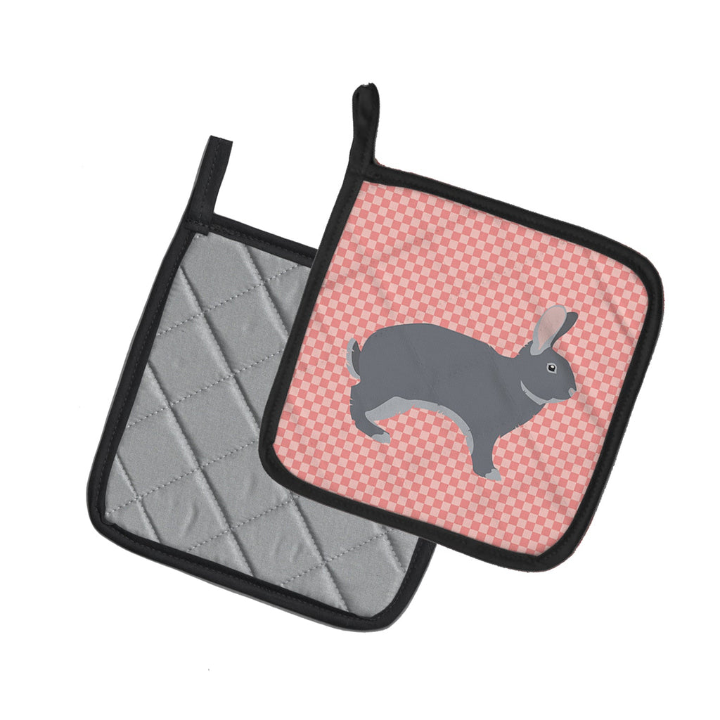 Giant Chinchilla Rabbit Pink Check Pot Holder Set of 2 Heat Resistant Quilted Hot Pads 7.5 x 7.5 Inch, Insulated Kitchen Trivets for Cooking & Baking