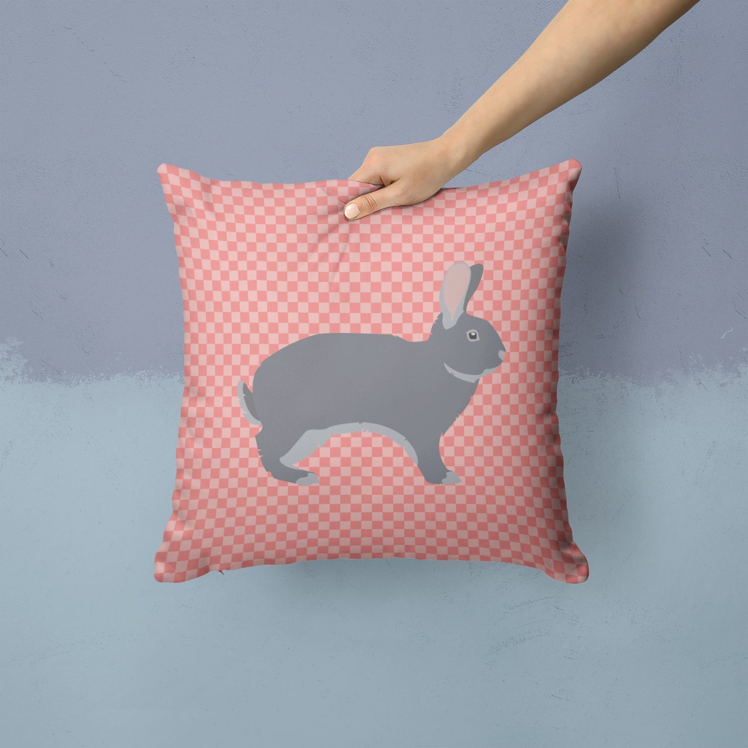 Giant Chinchilla Rabbit Pink Check Decorative Throw Pillow 14x14 Indoor Outdoor Accent Cushion, Fabric Cover with Insert for Sofa, Bed, Porch & Living Room