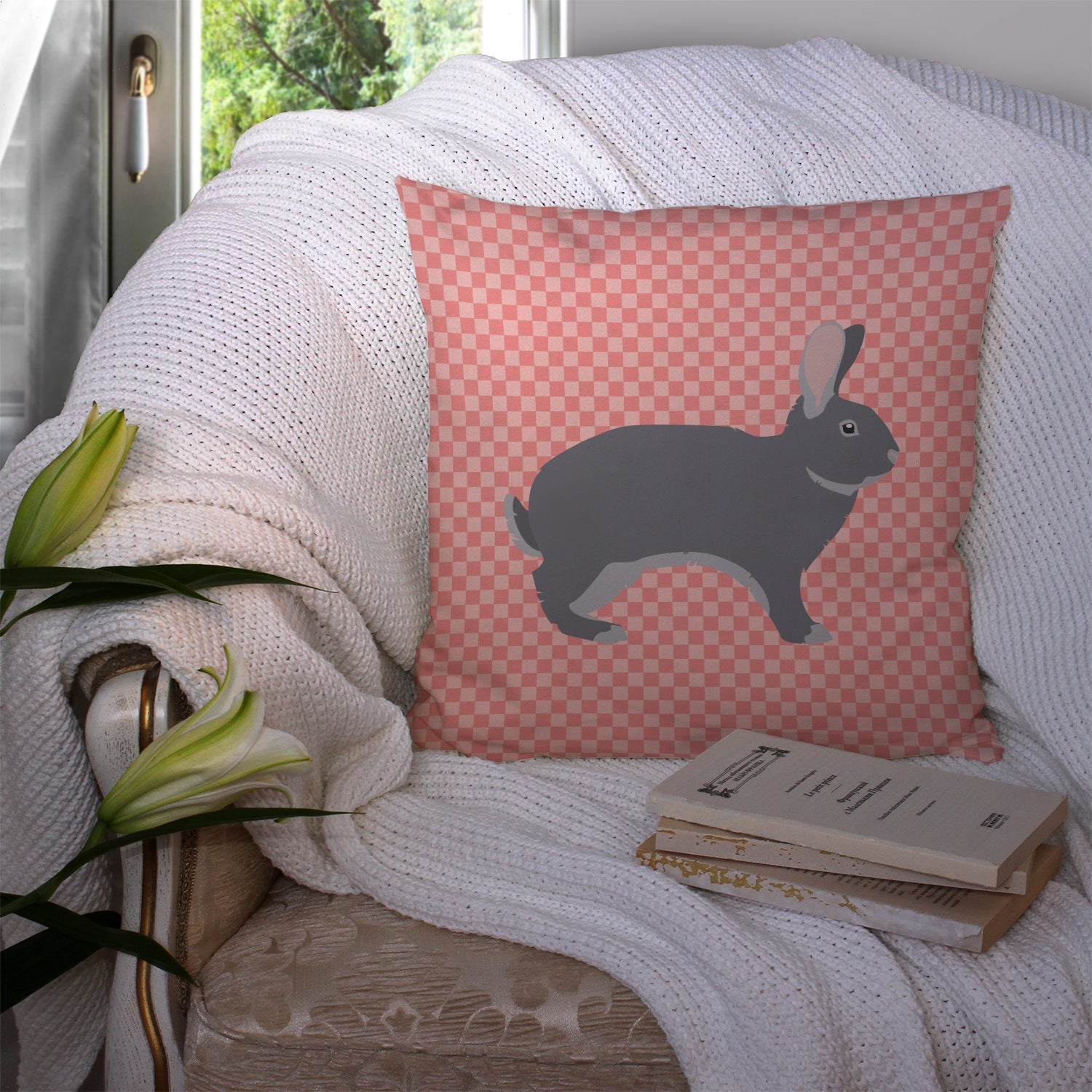 Giant Chinchilla Rabbit Pink Check Decorative Throw Pillow 14x14 Indoor Outdoor Accent Cushion, Fabric Cover with Insert for Sofa, Bed, Porch & Living Room