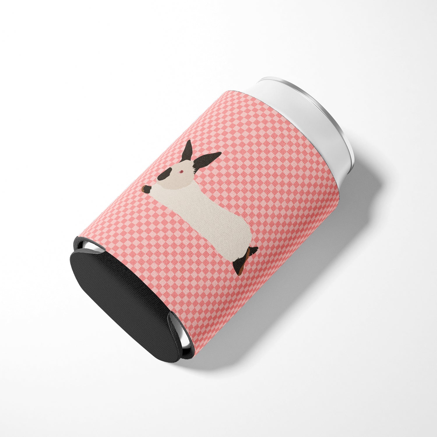 California White Rabbit Pink Check Can or Bottle Hugger Cooler Sleeve for Standard 12 oz Cans, Insulated Foam Beer & Soda Can Hugger Reusable