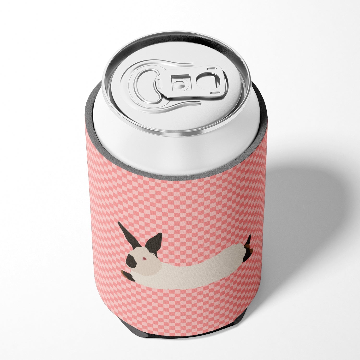 California White Rabbit Pink Check Can or Bottle Hugger Cooler Sleeve for Standard 12 oz Cans, Insulated Foam Beer & Soda Can Hugger Reusable