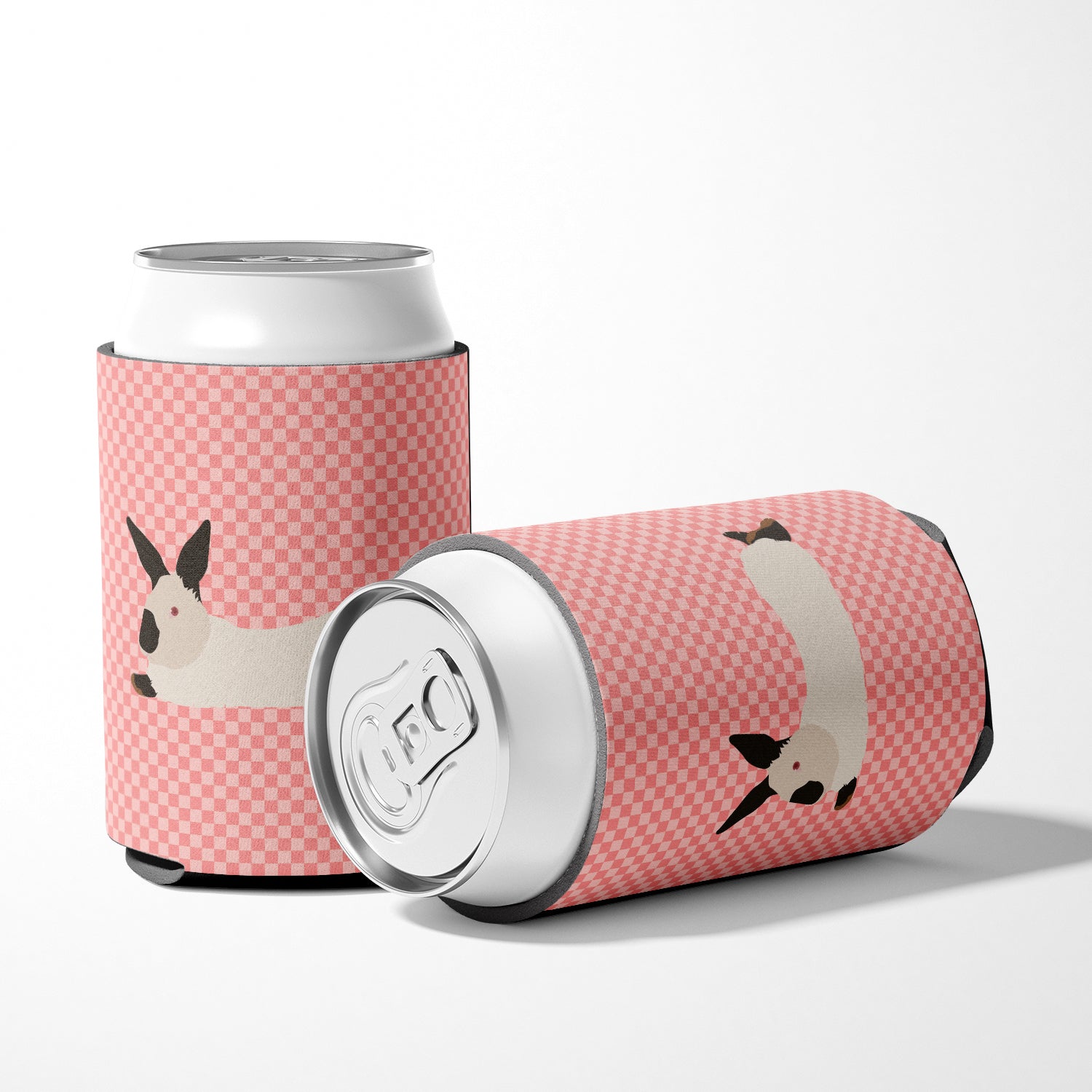 California White Rabbit Pink Check Can or Bottle Hugger Cooler Sleeve for Standard 12 oz Cans, Insulated Foam Beer & Soda Can Hugger Reusable