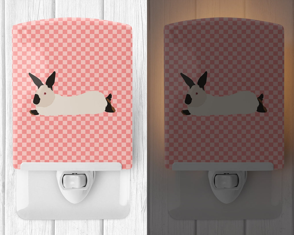California White Rabbit Pink Check Ceramic Night Light Compact, UL-Certified, Ideal for Bedroom, Bathroom, Nursery, Hallway, Kitchen, 6x4x3, Multicolor