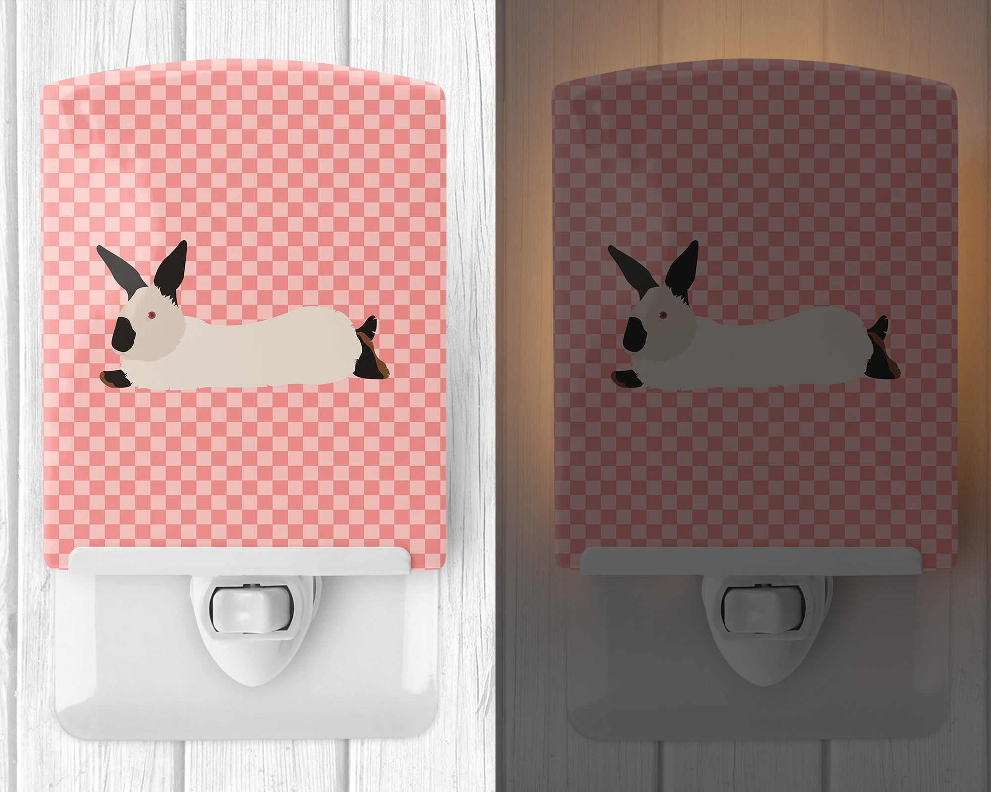 California White Rabbit Pink Check Ceramic Night Light Compact, UL-Certified, Ideal for Bedroom, Bathroom, Nursery, Hallway, Kitchen, 6x4x3, Multicolor
