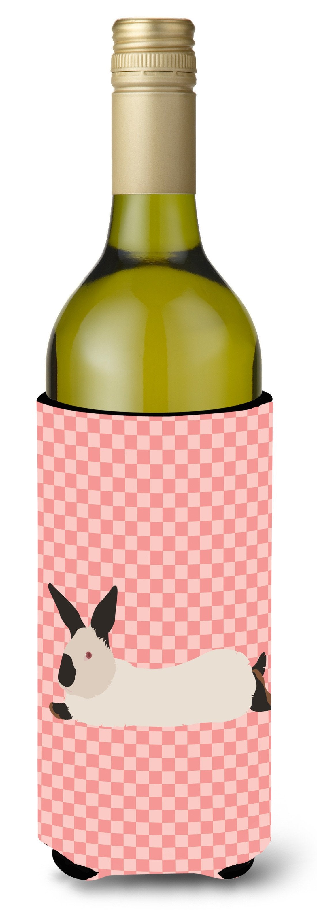California White Rabbit Pink Check Wine Bottle Hugger Gift Sleeve for Standard 750 ml Bottles, Insulated Reusable Also Fits Mini Shot & Pint Bottles