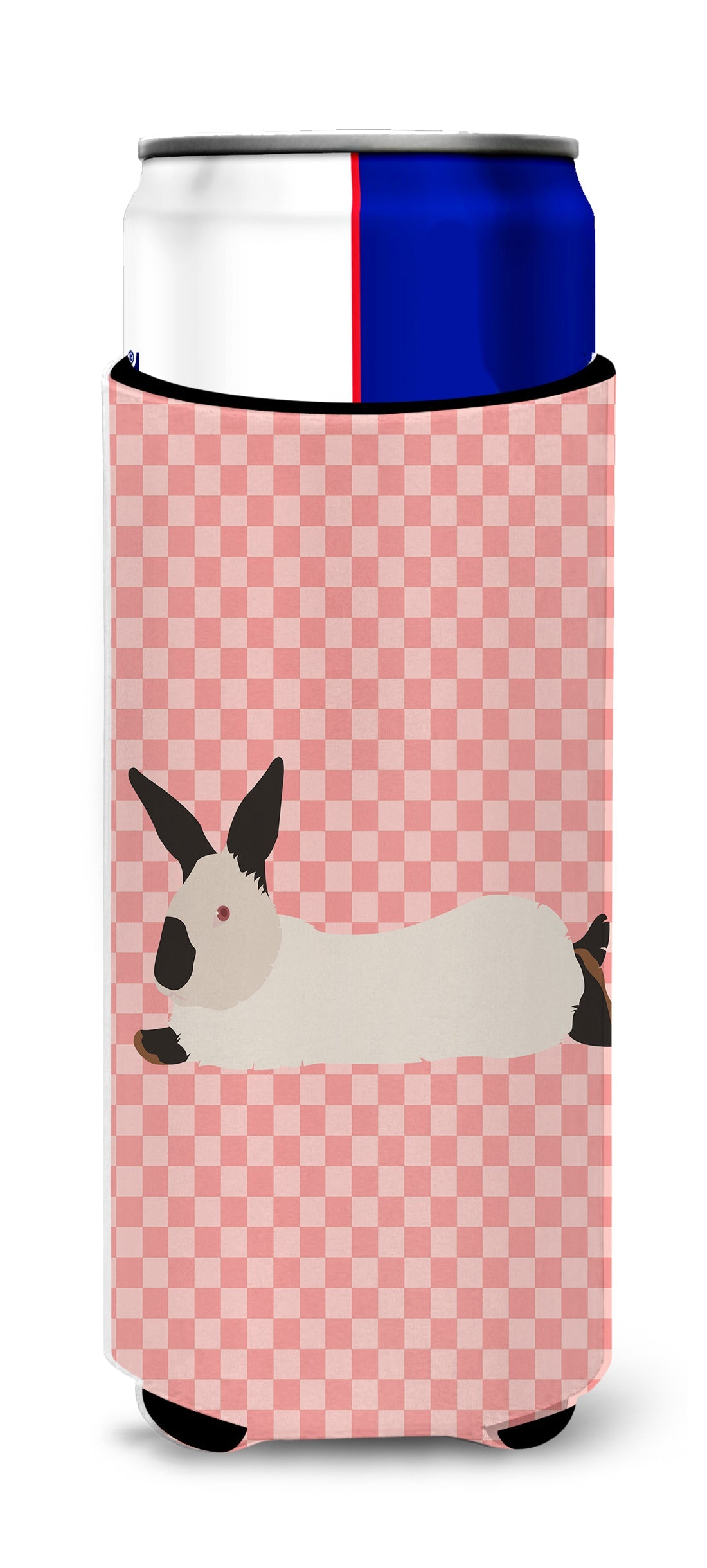 California White Rabbit Pink Check Slim Can Hugger , Insulated Foam Hugger for 12 oz Slim Cans, Beer Bottles & Water Bottles, Printed in USA
