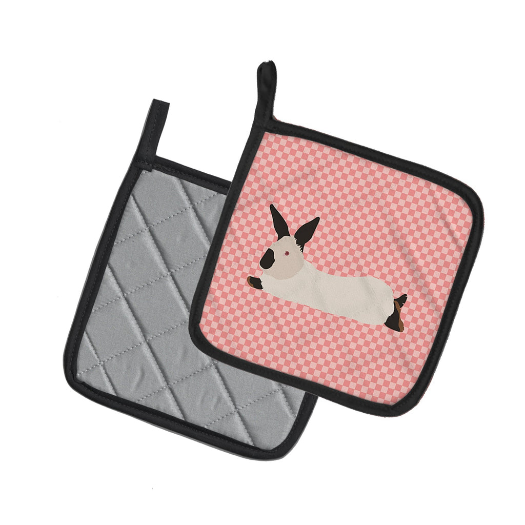 California White Rabbit Pink Check Pot Holder Set of 2 Heat Resistant Quilted Hot Pads 7.5 x 7.5 Inch, Insulated Kitchen Trivets for Cooking & Baking