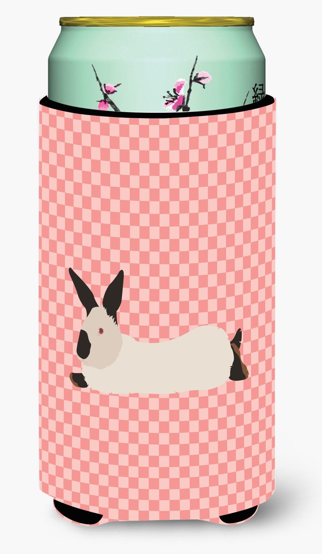 California White Rabbit Pink Check Tall Boy Hugger Can Cooler Sleeve Machine Washable Drink Collapsible Insulator Beverage Insulated Holder