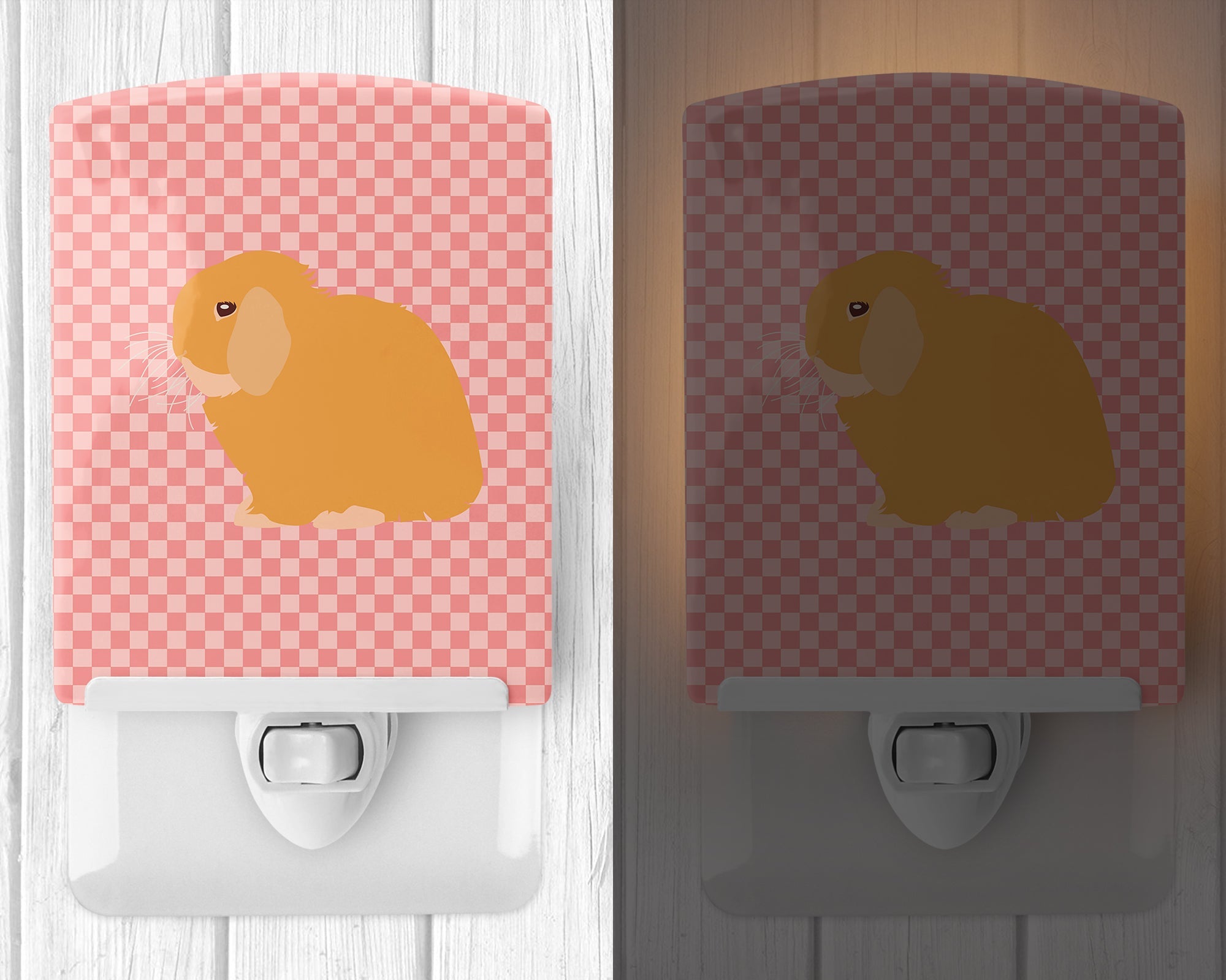 Holland Lop Rabbit Pink Check Ceramic Night Light Compact, UL-Certified, Ideal for Bedroom, Bathroom, Nursery, Hallway, Kitchen, 6x4x3, Multicolor