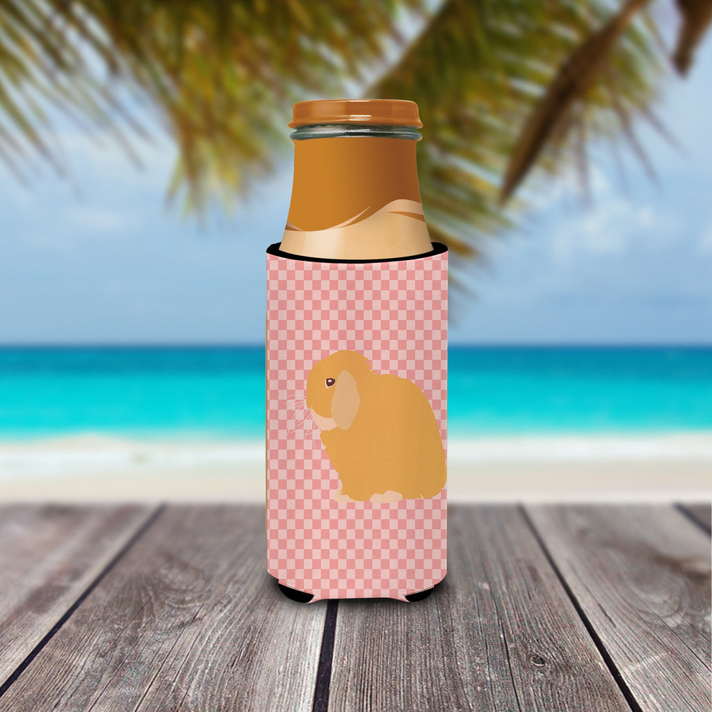 Holland Lop Rabbit Pink Check Slim Can Hugger , Insulated Foam Hugger for 12 oz Slim Cans, Beer Bottles & Water Bottles, Printed in USA