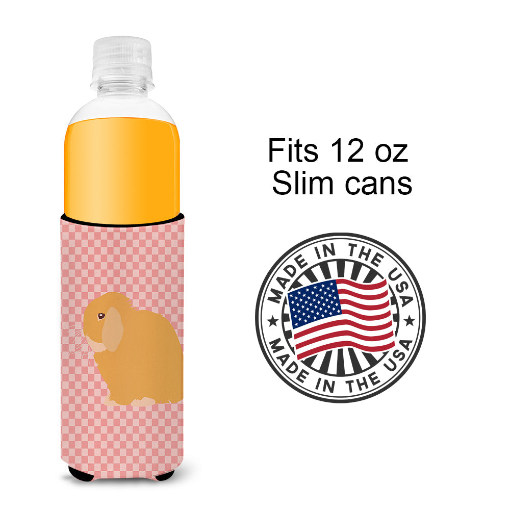 Holland Lop Rabbit Pink Check Slim Can Hugger , Insulated Foam Hugger for 12 oz Slim Cans, Beer Bottles & Water Bottles, Printed in USA