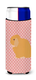 Holland Lop Rabbit Pink Check Slim Can Hugger , Insulated Foam Hugger for 12 oz Slim Cans, Beer Bottles & Water Bottles, Printed in USA