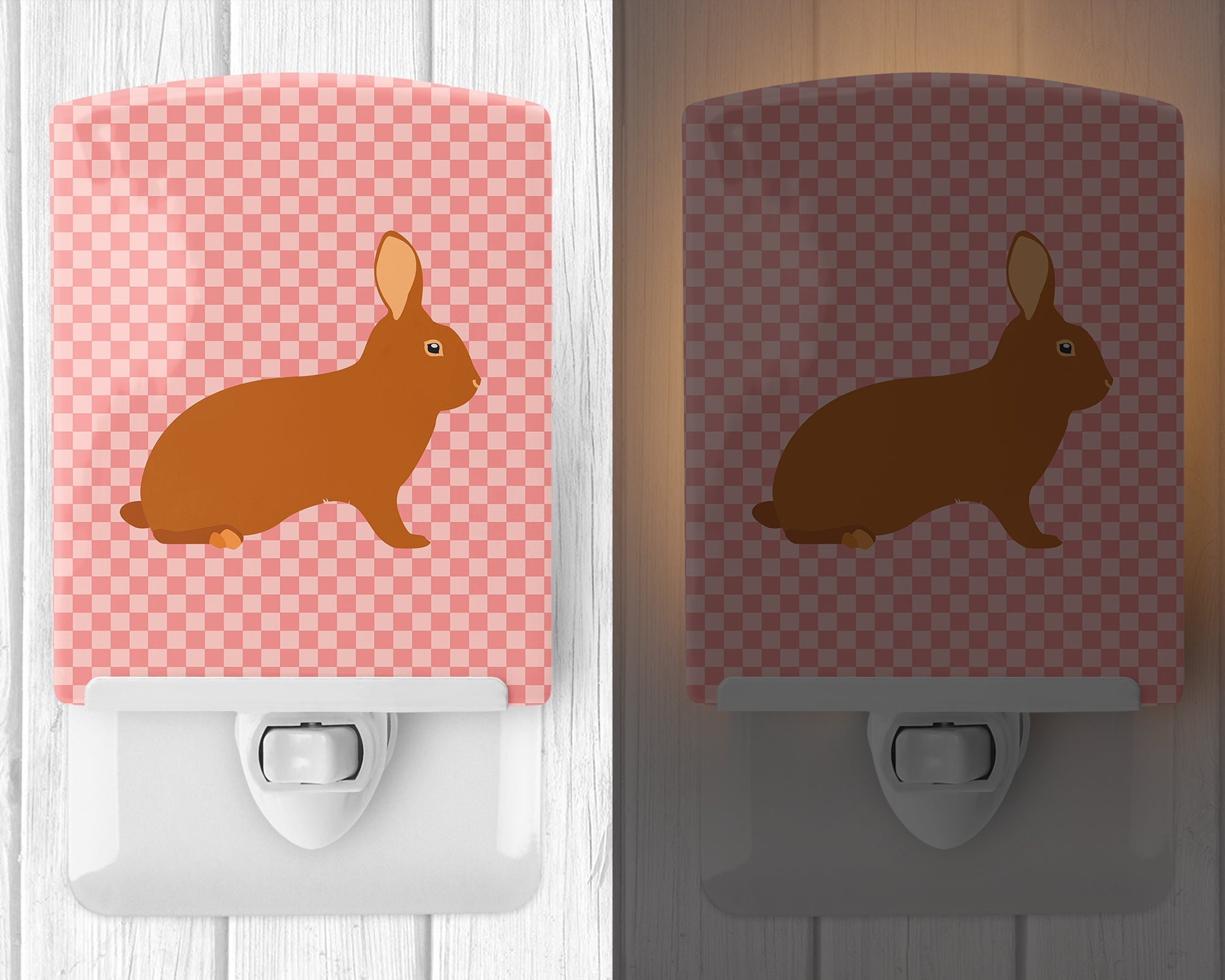 Rex Rabbit Pink Check Ceramic Night Light Compact, UL-Certified, Ideal for Bedroom, Bathroom, Nursery, Hallway, Kitchen, 6x4x3, Multicolor