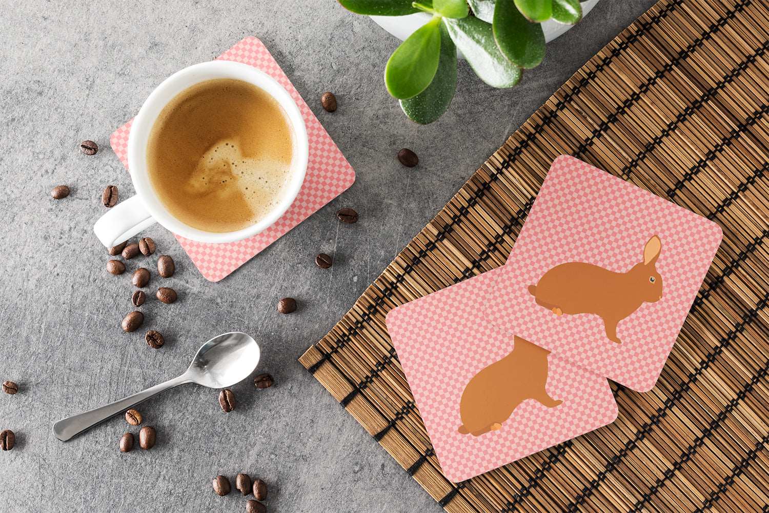 Rex Rabbit Pink Check Foam Coasters Set of 4 Cup Coasters for Indoor Outdoor, Tabletop Protection, Anti Slip, Mouse pad Material