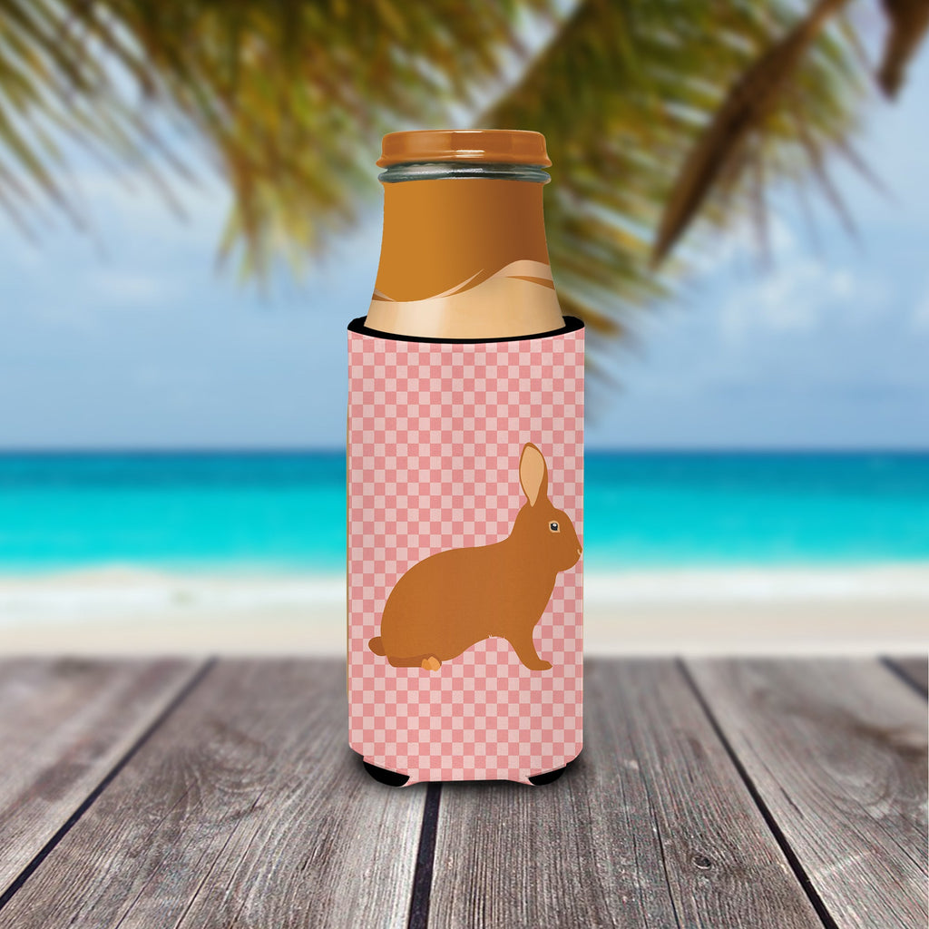 Rex Rabbit Pink Check Slim Can Hugger , Insulated Foam Hugger for 12 oz Slim Cans, Beer Bottles & Water Bottles, Printed in USA