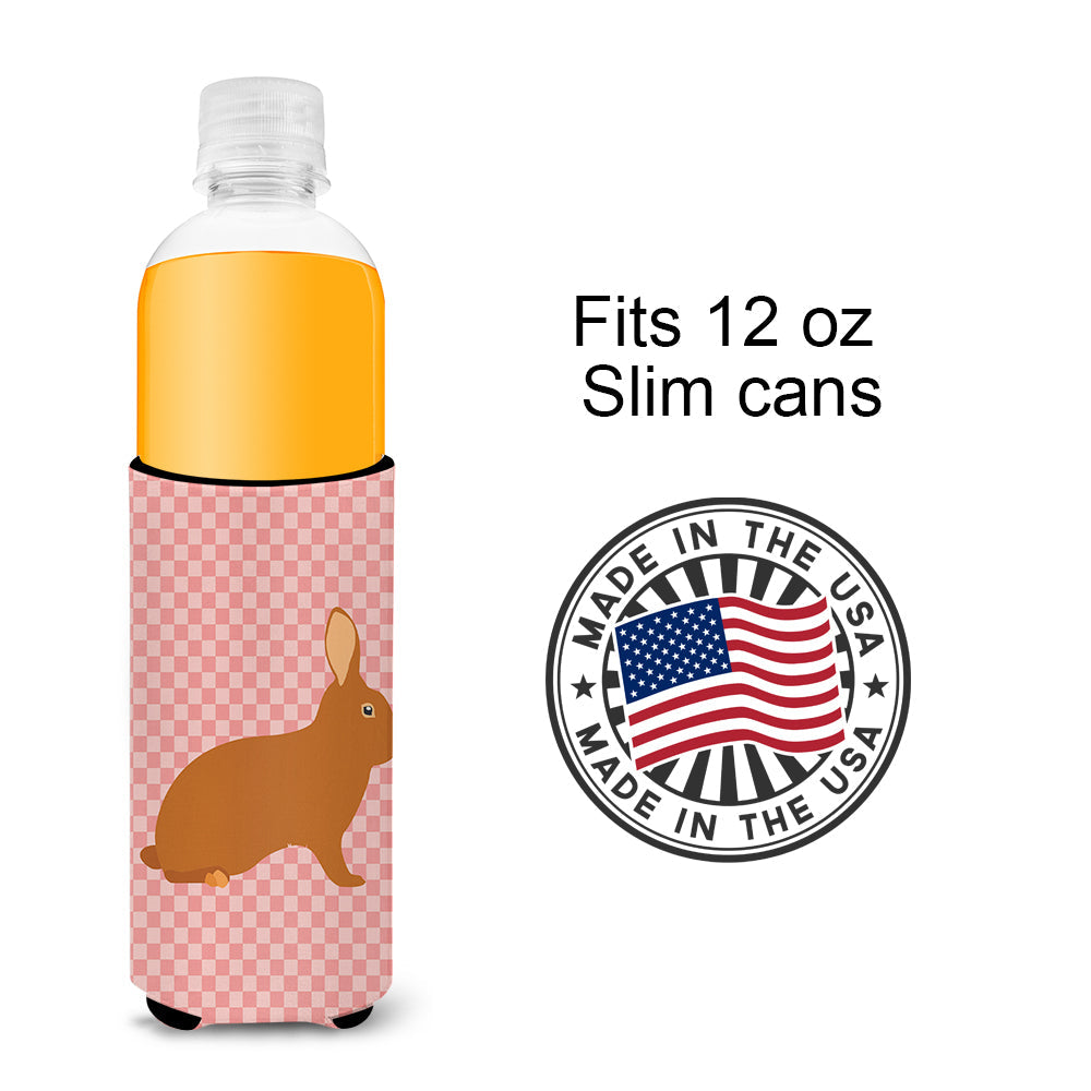 Rex Rabbit Pink Check Slim Can Hugger , Insulated Foam Hugger for 12 oz Slim Cans, Beer Bottles & Water Bottles, Printed in USA