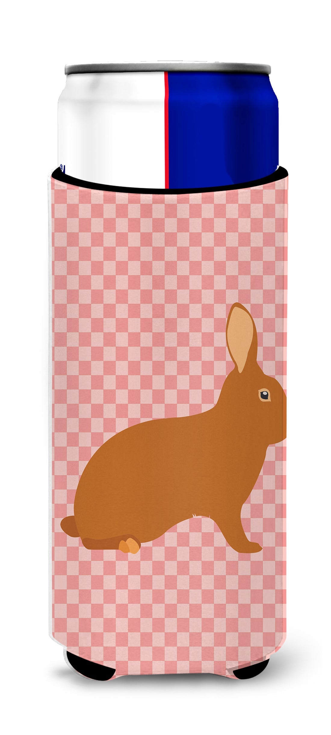 Rex Rabbit Pink Check Slim Can Hugger , Insulated Foam Hugger for 12 oz Slim Cans, Beer Bottles & Water Bottles, Printed in USA
