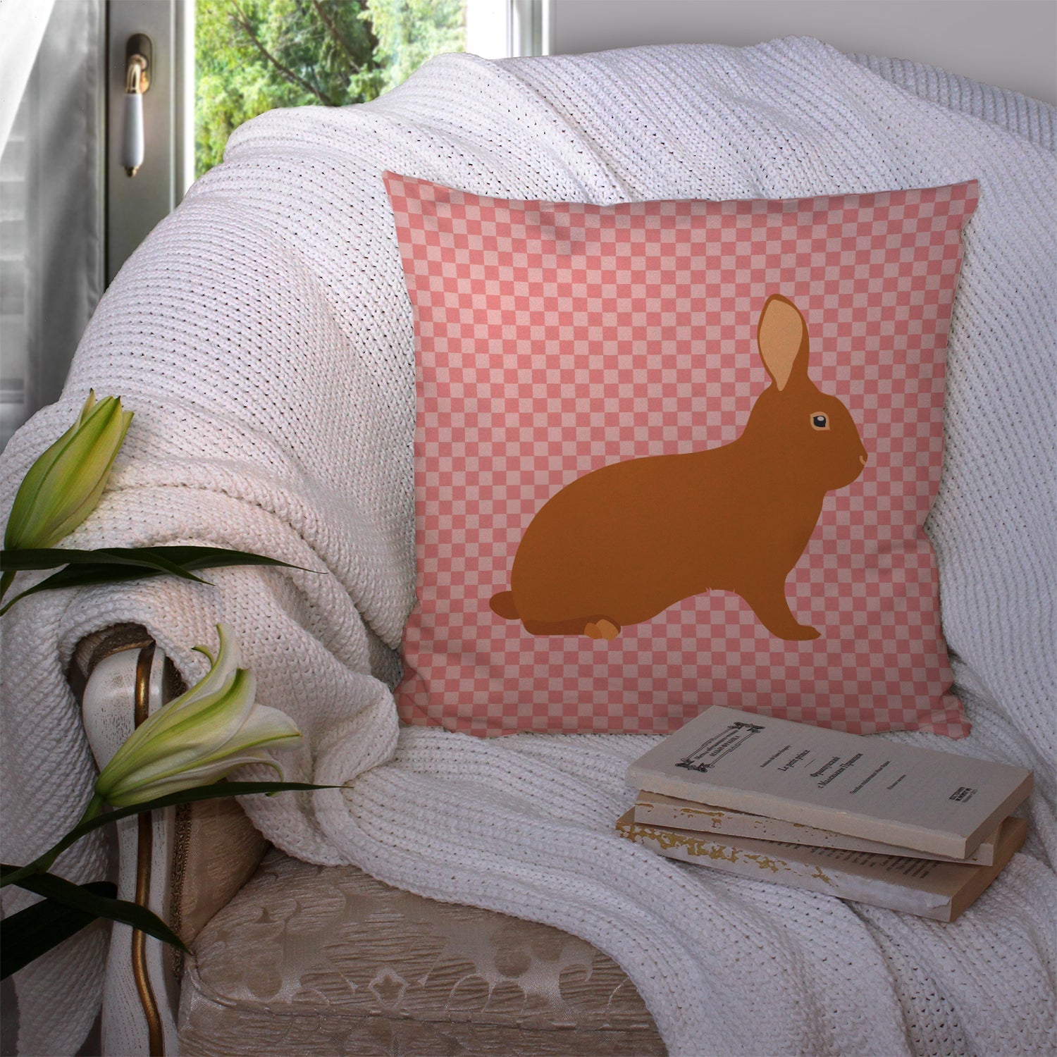 Rex Rabbit Pink Check Decorative Throw Pillow 14x14 Indoor Outdoor Accent Cushion, Fabric Cover with Insert for Sofa, Bed, Porch & Living Room