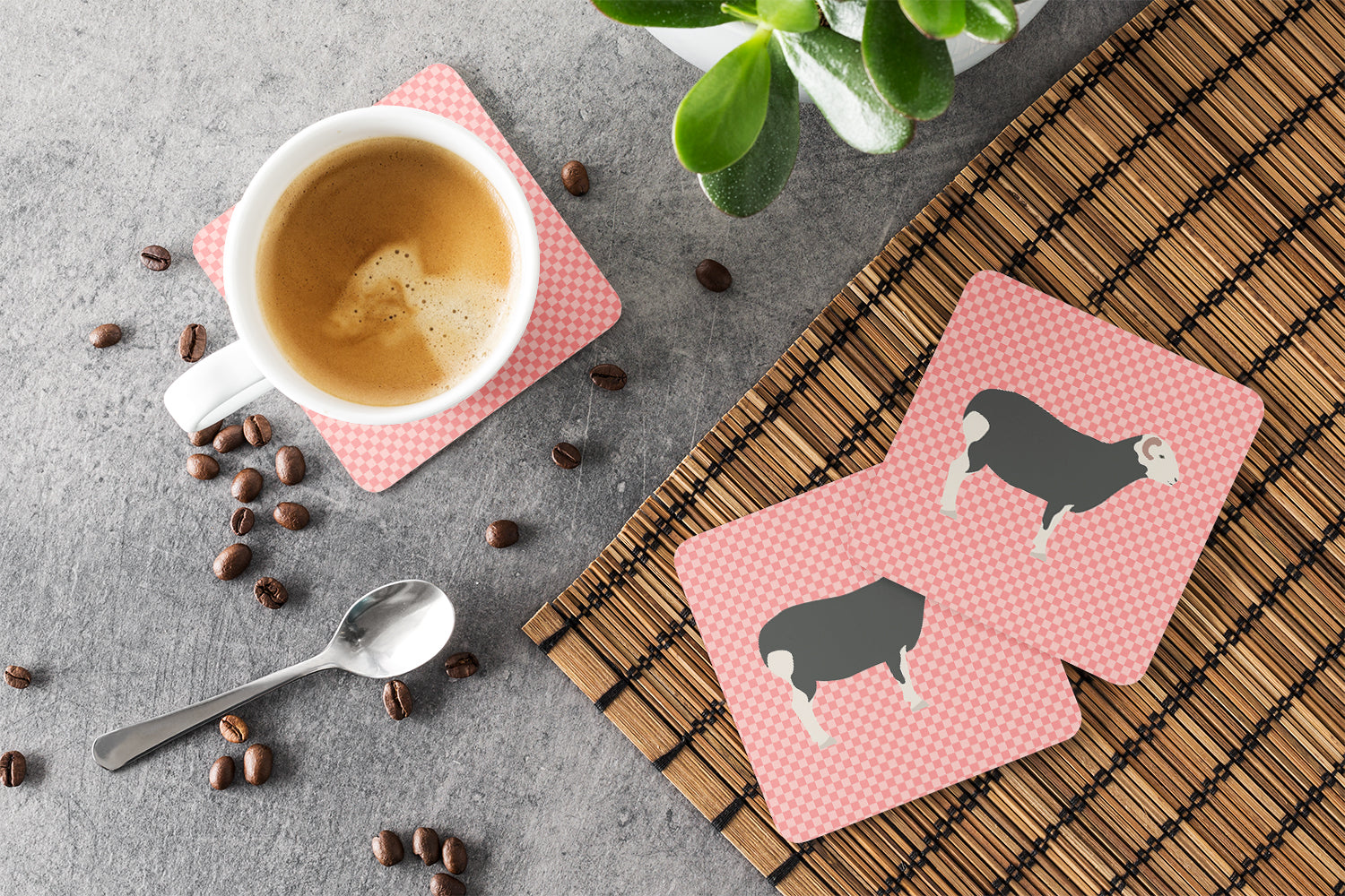 Herwick Sheep Pink Check Foam Coasters Set of 4 Cup Coasters for Indoor Outdoor, Tabletop Protection, Anti Slip, Mouse pad Material