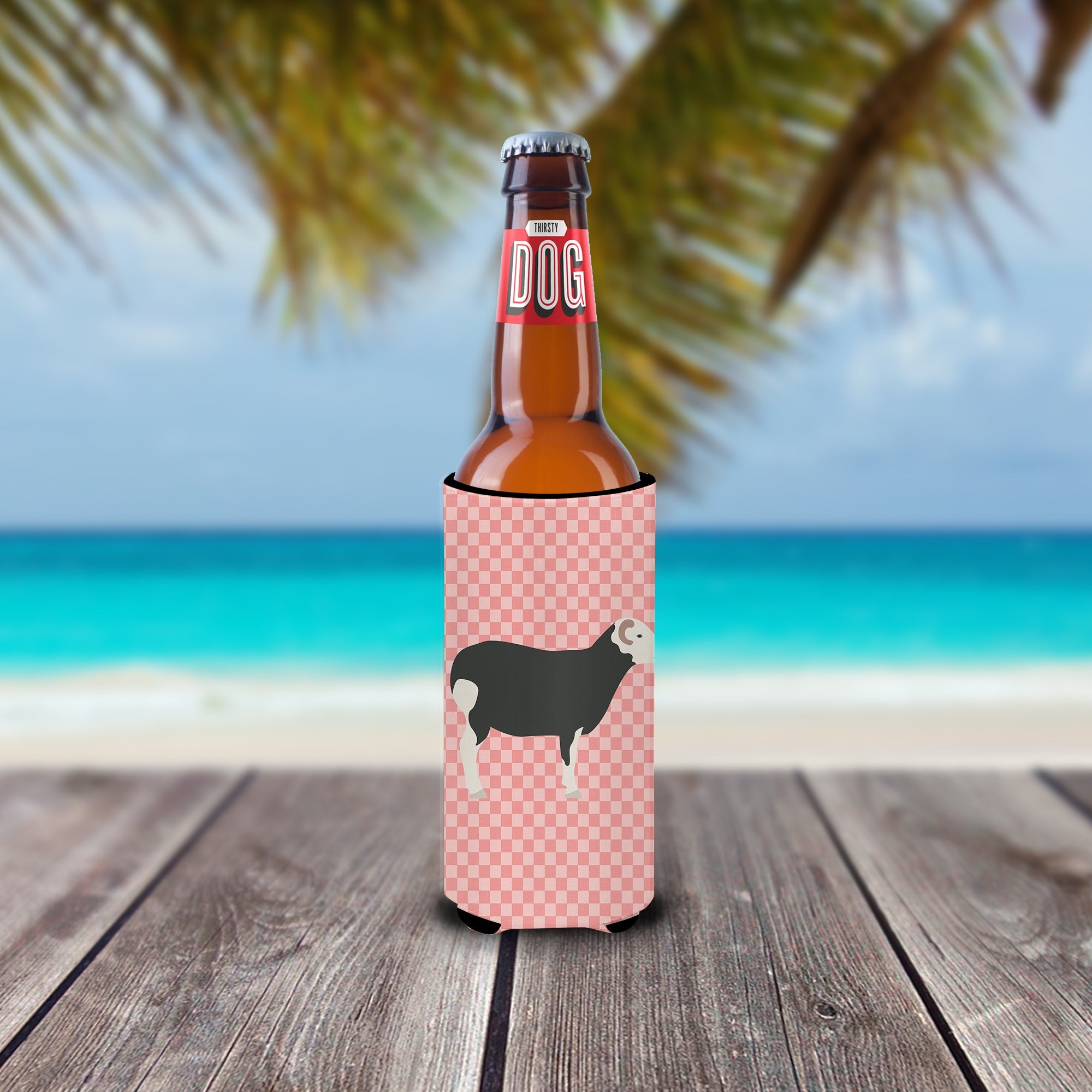 Herwick Sheep Pink Check Slim Can Hugger , Insulated Foam Hugger for 12 oz Slim Cans, Beer Bottles & Water Bottles, Printed in USA