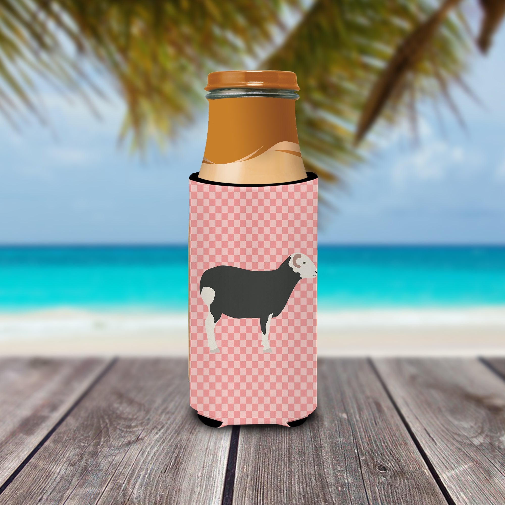 Herwick Sheep Pink Check Slim Can Hugger , Insulated Foam Hugger for 12 oz Slim Cans, Beer Bottles & Water Bottles, Printed in USA