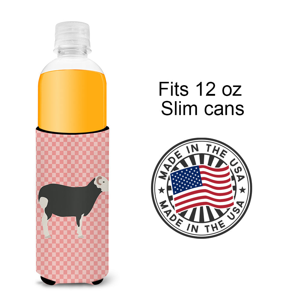 Herwick Sheep Pink Check Slim Can Hugger , Insulated Foam Hugger for 12 oz Slim Cans, Beer Bottles & Water Bottles, Printed in USA