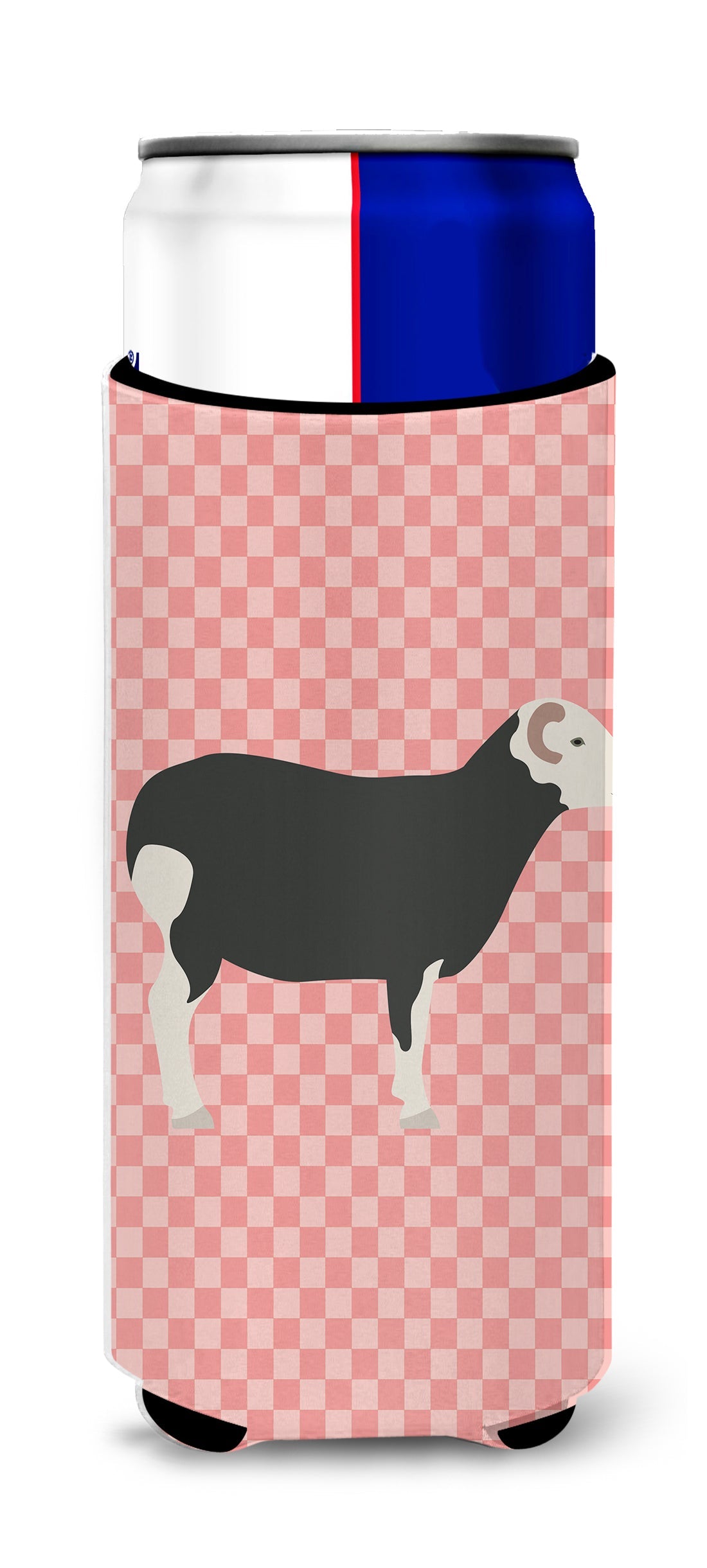 Herwick Sheep Pink Check Slim Can Hugger , Insulated Foam Hugger for 12 oz Slim Cans, Beer Bottles & Water Bottles, Printed in USA