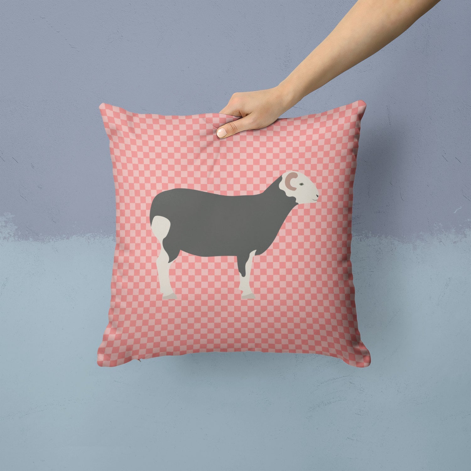Herwick Sheep Pink Check Decorative Throw Pillow 14x14 Indoor Outdoor Accent Cushion, Fabric Cover with Insert for Sofa, Bed, Porch & Living Room