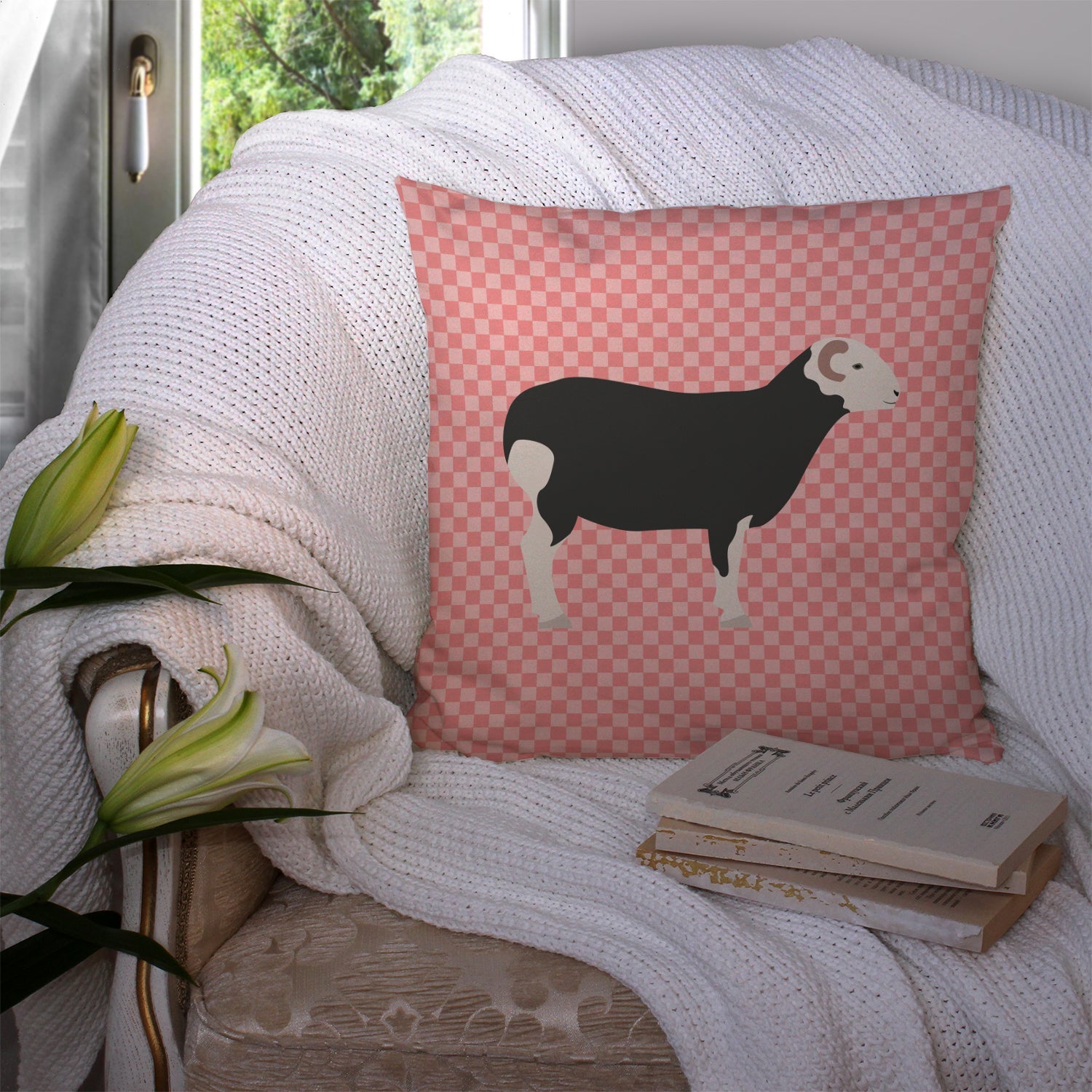 Herwick Sheep Pink Check Decorative Throw Pillow 14x14 Indoor Outdoor Accent Cushion, Fabric Cover with Insert for Sofa, Bed, Porch & Living Room