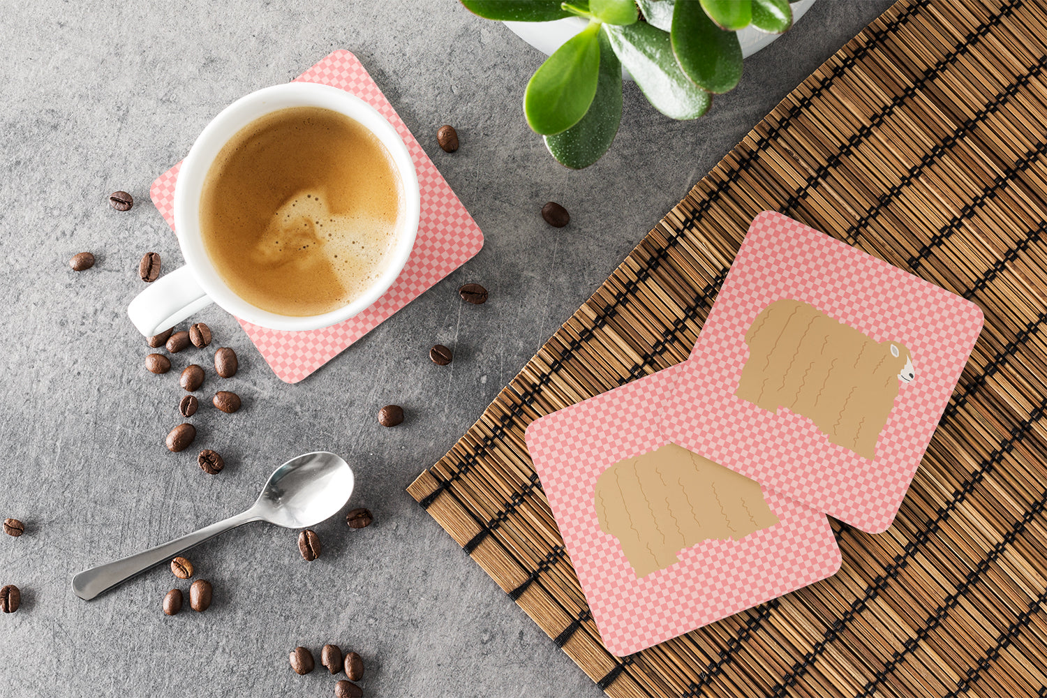Lincoln Longwool Sheep Pink Check Foam Coasters Set of 4 Cup Coasters for Indoor Outdoor, Tabletop Protection, Anti Slip, Mouse pad Material