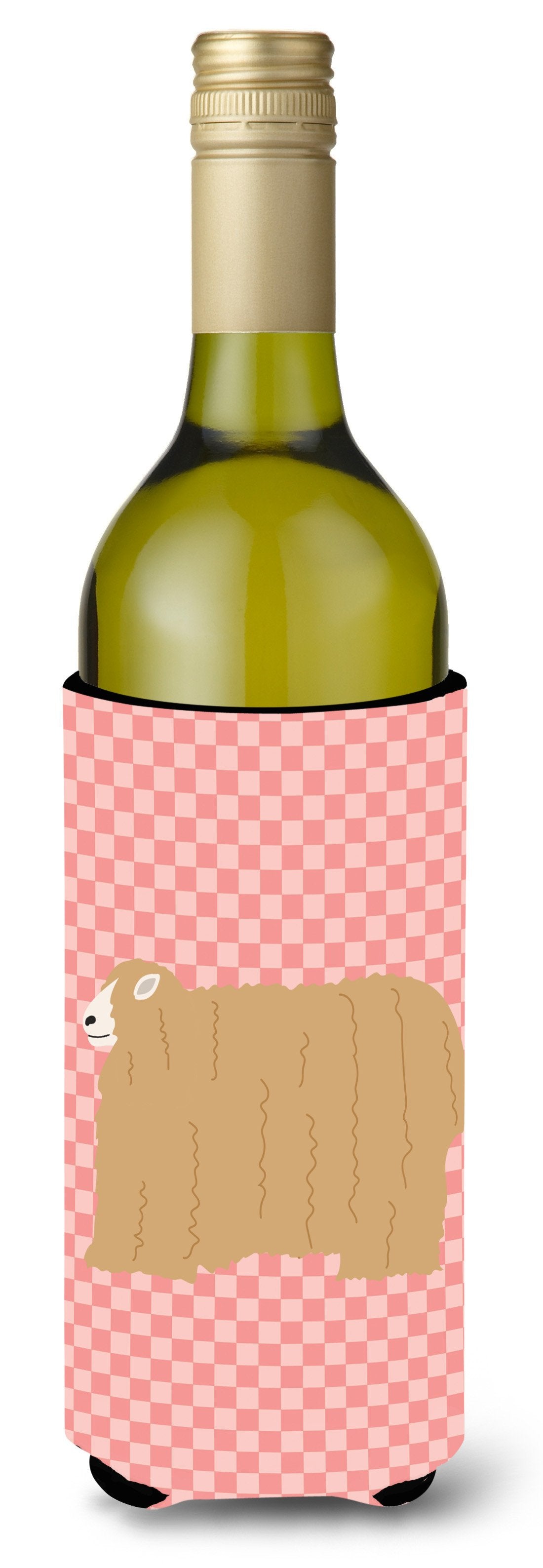 Lincoln Longwool Sheep Pink Check Wine Bottle Hugger Gift Sleeve for Standard 750 ml Bottles, Insulated Reusable Also Fits Mini Shot & Pint Bottles