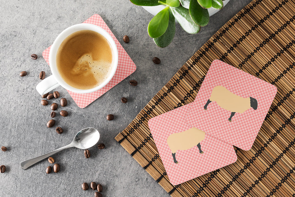 Suffolk Sheep Pink Check Foam Coasters Set of 4 Cup Coasters for Indoor Outdoor, Tabletop Protection, Anti Slip, Mouse pad Material