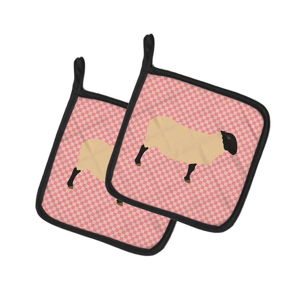 Suffolk Sheep Pink Check Pot Holder Set of 2 Heat Resistant Quilted Hot Pads 7.5 x 7.5 Inch, Insulated Kitchen Trivets for Cooking & Baking