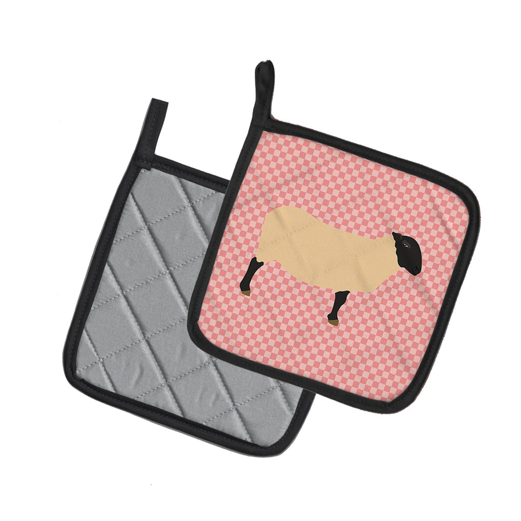 Suffolk Sheep Pink Check Pot Holder Set of 2 Heat Resistant Quilted Hot Pads 7.5 x 7.5 Inch, Insulated Kitchen Trivets for Cooking & Baking
