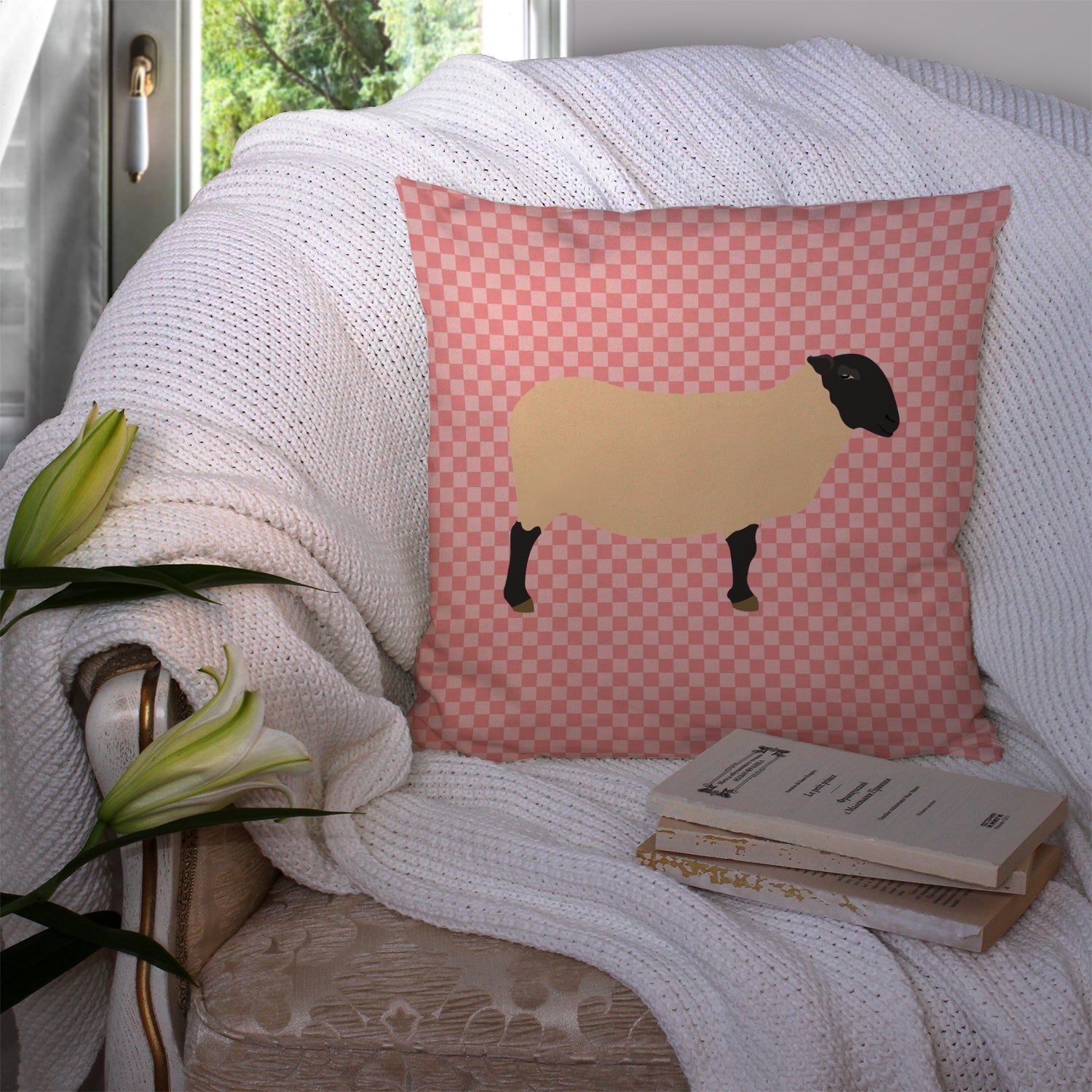 Suffolk Sheep Pink Check Decorative Throw Pillow 14x14 Indoor Outdoor Accent Cushion, Fabric Cover with Insert for Sofa, Bed, Porch & Living Room