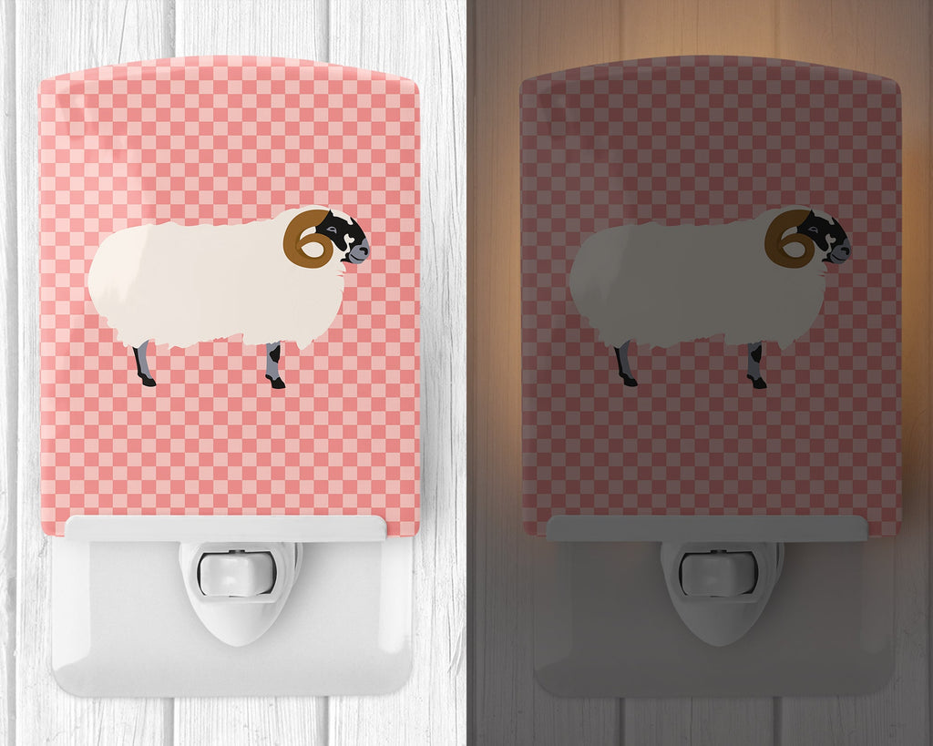 Scottish Blackface Sheep Pink Check Ceramic Night Light Compact, UL-Certified, Ideal for Bedroom, Bathroom, Nursery, Hallway, Kitchen, 6x4x3, Multicolor