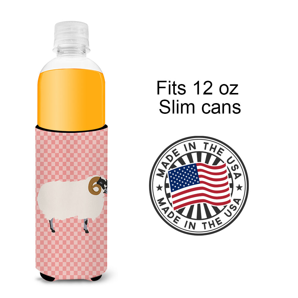 Scottish Blackface Sheep Pink Check Slim Can Hugger , Insulated Foam Hugger for 12 oz Slim Cans, Beer Bottles & Water Bottles, Printed in USA