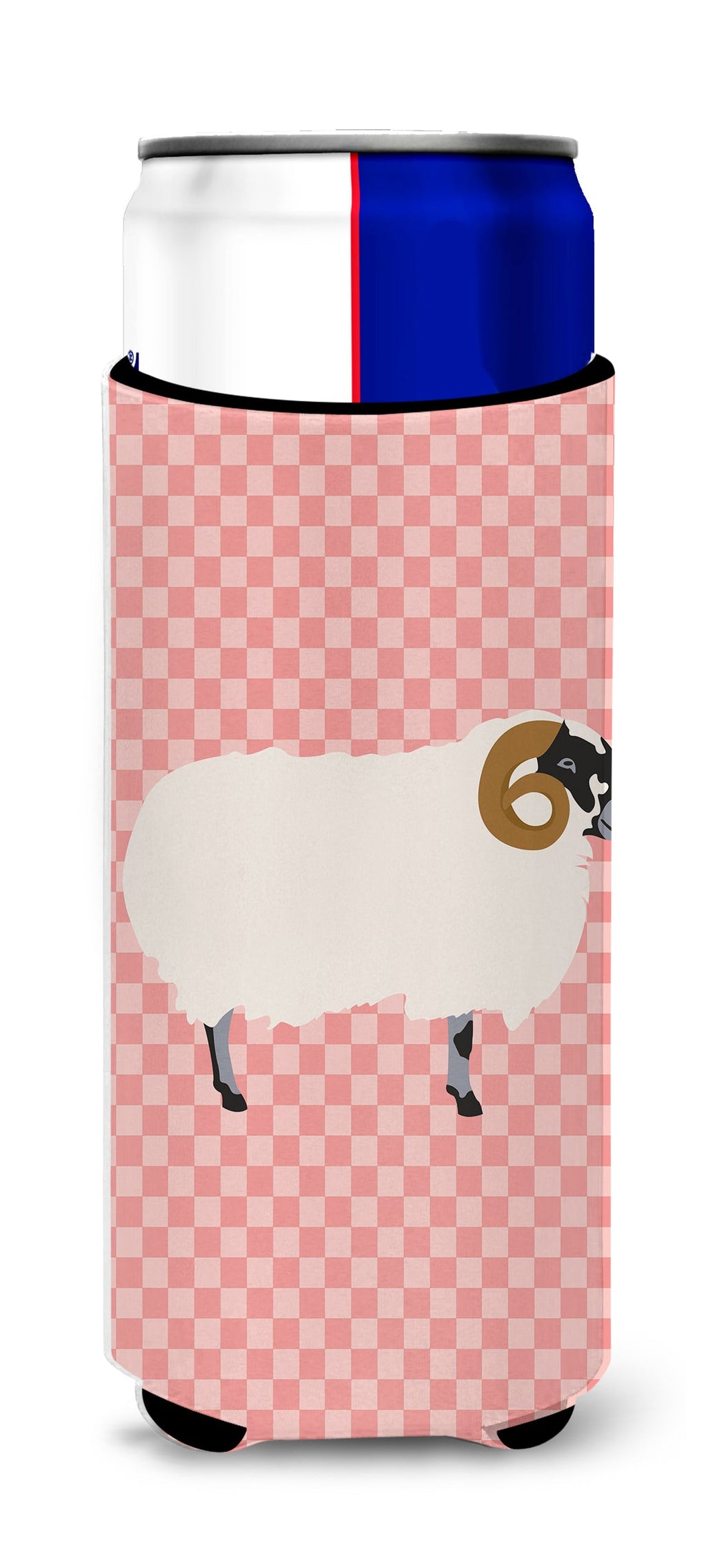 Scottish Blackface Sheep Pink Check Slim Can Hugger , Insulated Foam Hugger for 12 oz Slim Cans, Beer Bottles & Water Bottles, Printed in USA
