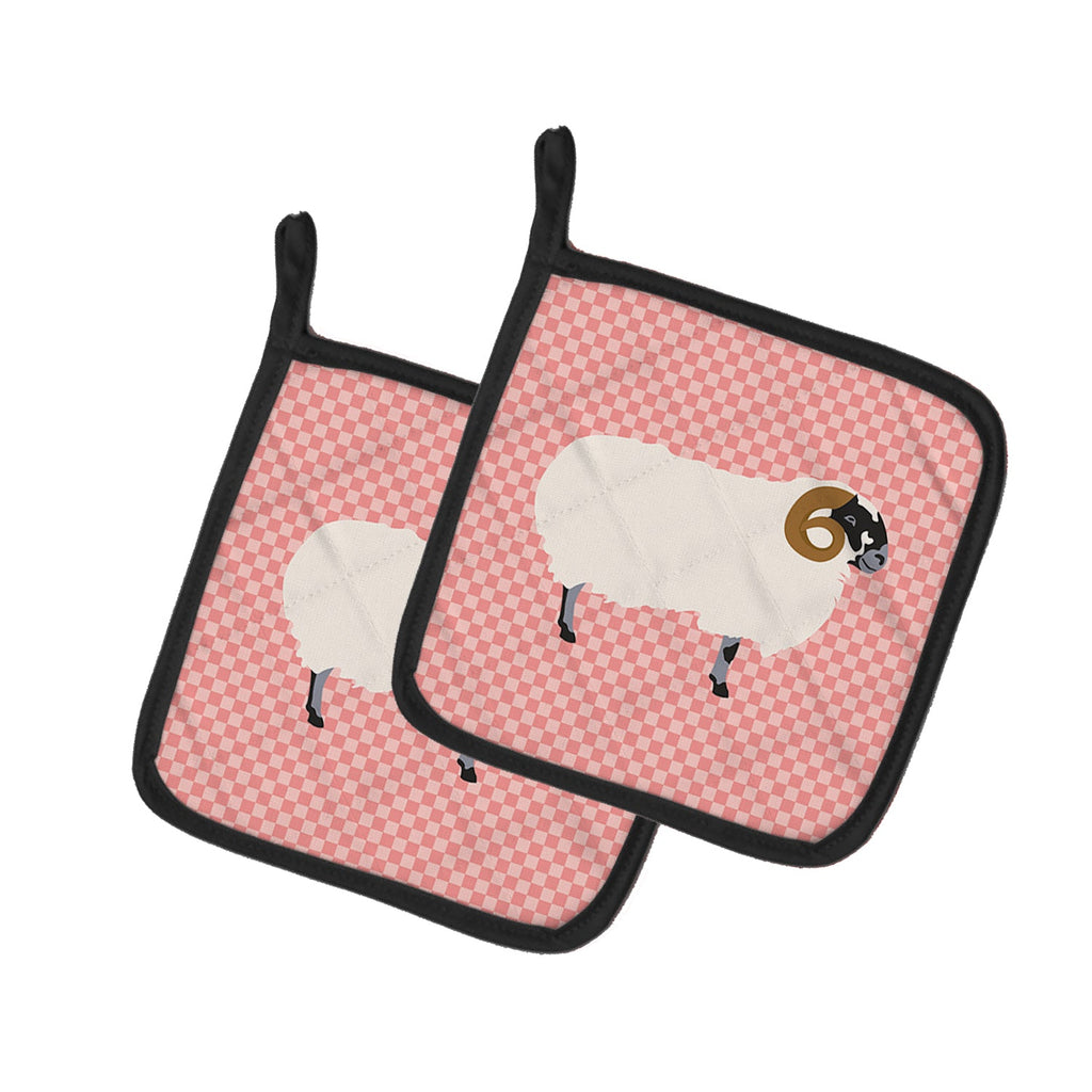 Scottish Blackface Sheep Pink Check Pot Holder Set of 2 Heat Resistant Quilted Hot Pads 7.5 x 7.5 Inch, Insulated Kitchen Trivets for Cooking & Baking