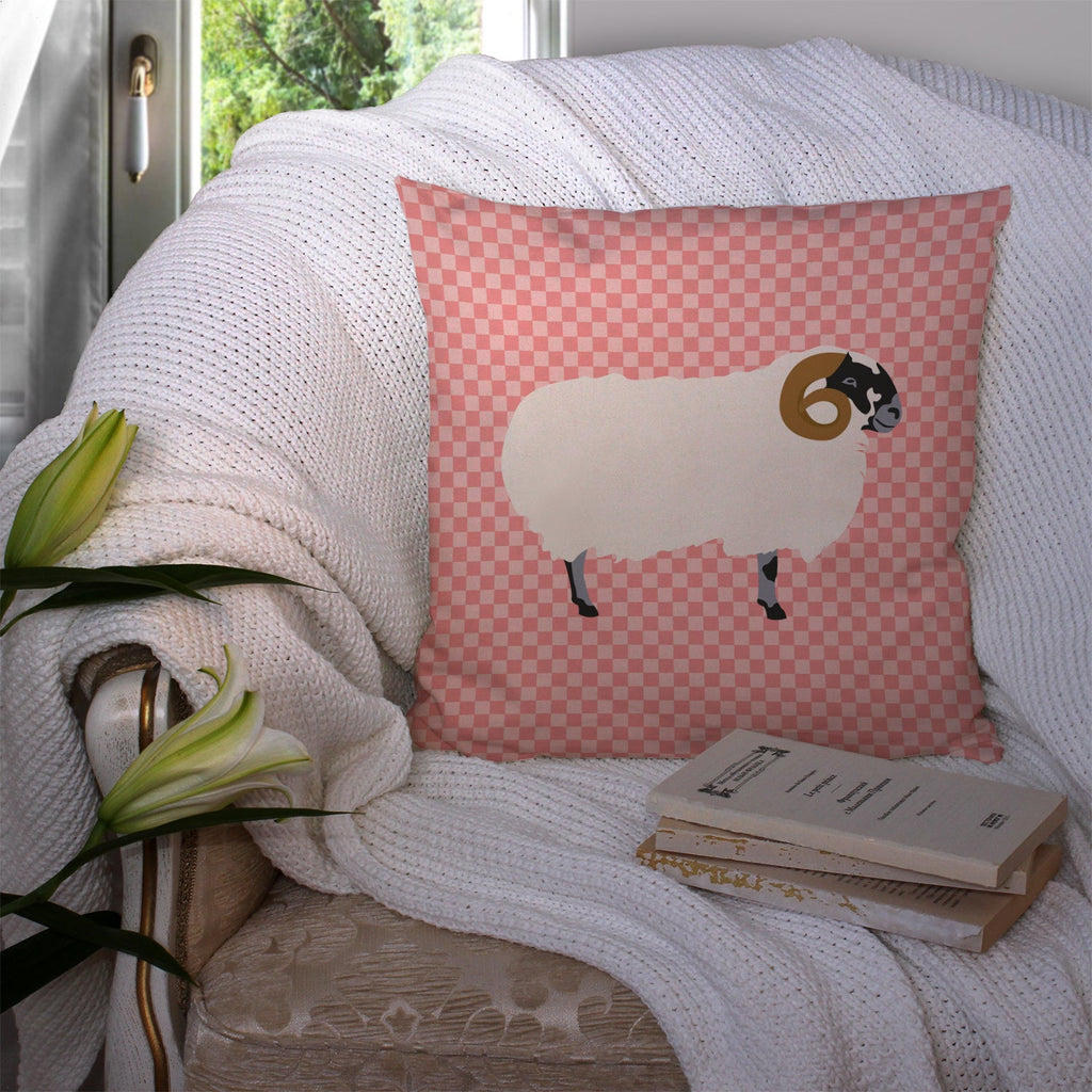 Scottish Blackface Sheep Pink Check Decorative Throw Pillow 14x14 Indoor Outdoor Accent Cushion, Fabric Cover with Insert for Sofa, Bed, Porch & Living Room