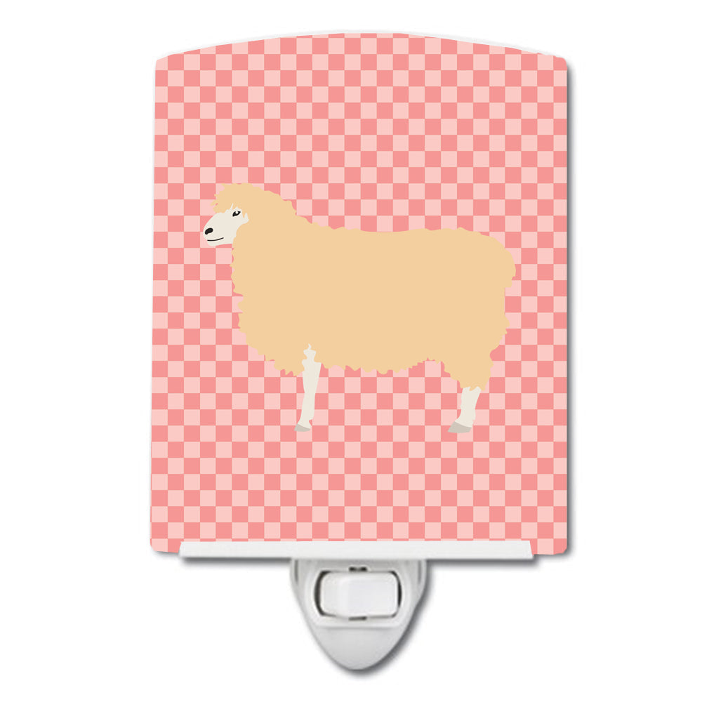 English Leicester Longwool Sheep Pink Check Ceramic Night Light Compact, UL-Certified, Ideal for Bedroom, Bathroom, Nursery, Hallway, Kitchen, 6x4x3, Multicolor