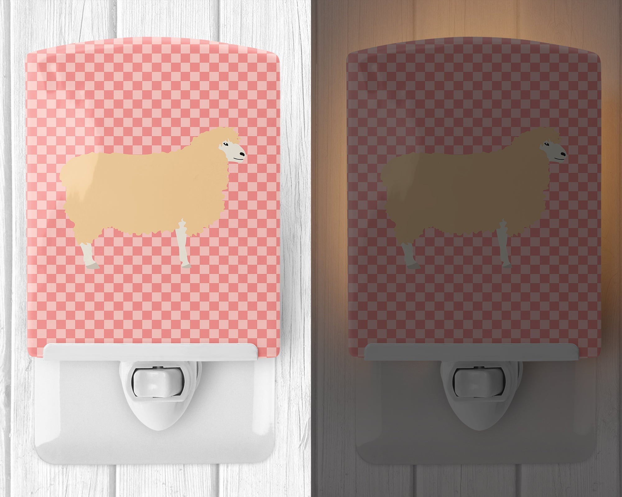 English Leicester Longwool Sheep Pink Check Ceramic Night Light Compact, UL-Certified, Ideal for Bedroom, Bathroom, Nursery, Hallway, Kitchen, 6x4x3, Multicolor