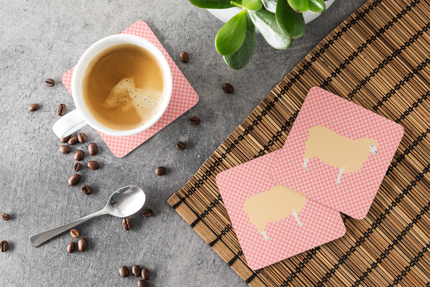 English Leicester Longwool Sheep Pink Check Foam Coasters Set of 4 Cup Coasters for Indoor Outdoor, Tabletop Protection, Anti Slip, Mouse pad Material